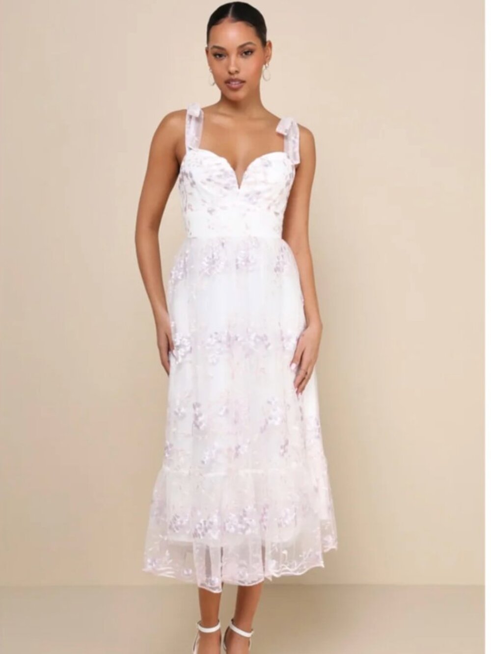 Lulus Romantic Embroidered Tulle Midi Dress White Lilac Pink Floral Size S